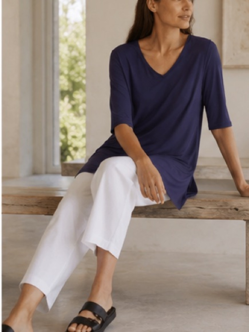 Eileen Fisher V Neck Elbow Sleeve Viscose Jersey Tunic purple excellent Size M